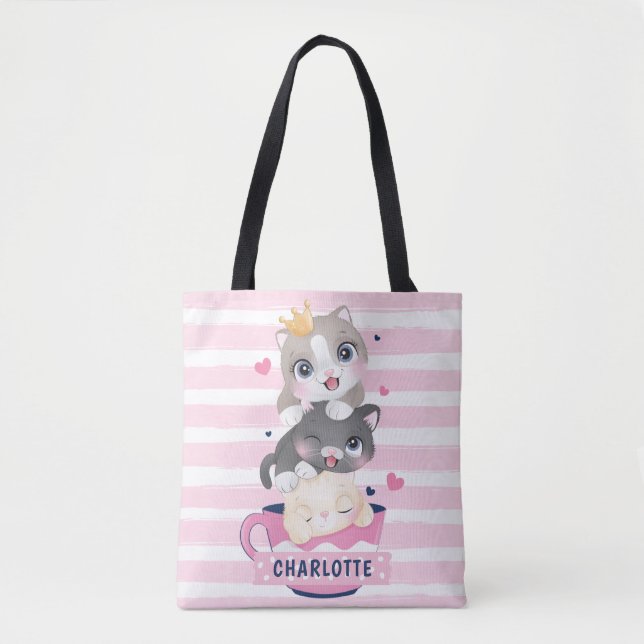 Tote Bag Chats de dessin animé mignons empilés rayures rose (Devant)