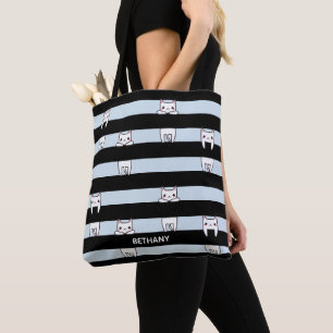 Tote Bag Chats Escalades mignons sur bandes noires et bleue