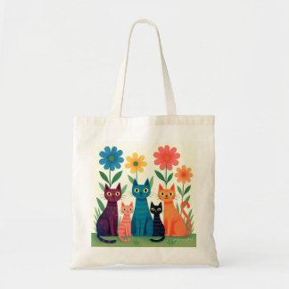 Tote Bag Chats fantaisistes colorés dans un jardin fleuri
