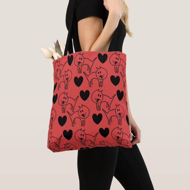 Tote Bag Chats illustrés et cœurs motif rouge (De près)