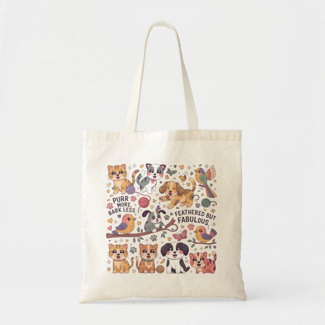 Tote Bag Chats mignons Chiens et oiseaux (Devant)