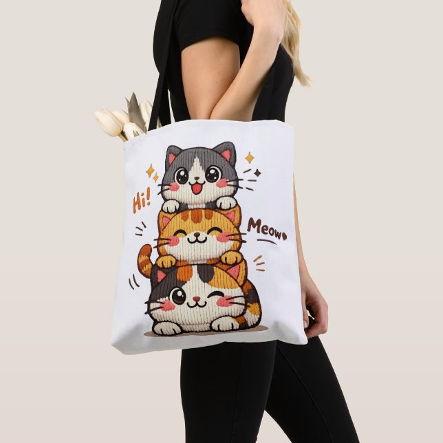 Tote Bag Chats Mignons Empilés Salut Miaou (De près)