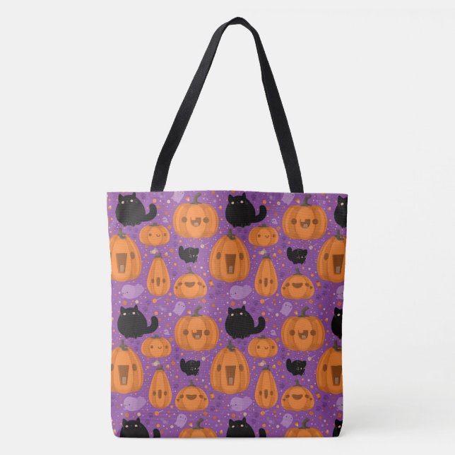 Tote Bag Chats noirs Citrouille d'Halloween et fantôme (Devant)