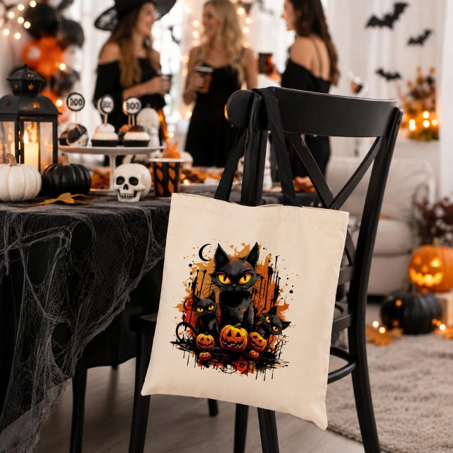 Tote Bag Chats noirs effrayants avec citrouilles d'Hallowee (Créateur téléchargé)