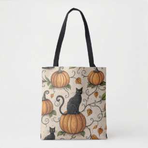 Tote Bag Chats noirs et citrouilles motif Halloween