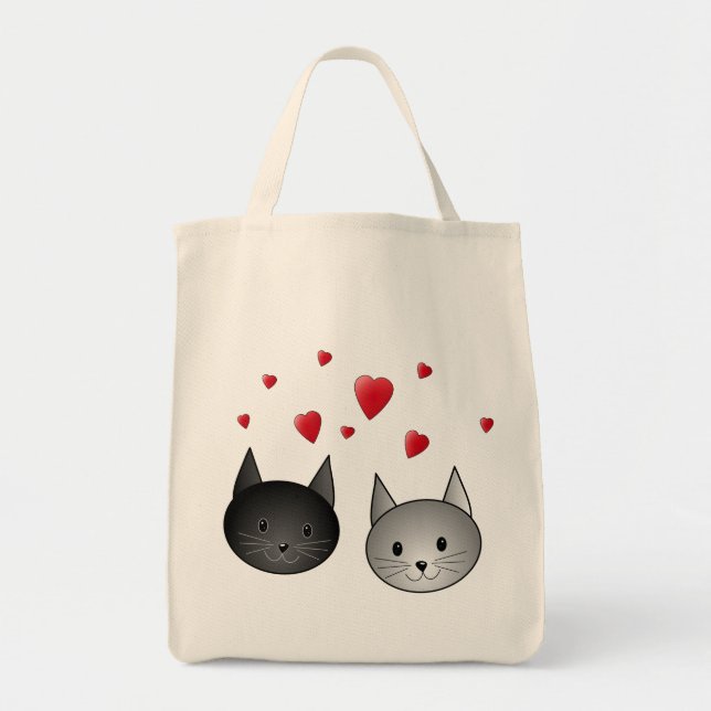 Tote Bag Chats noirs et gris mignons, avec des coeurs (Devant)