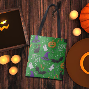 Tote Bag Chats noirs Fantômes chauves-souris Motif vert Hal