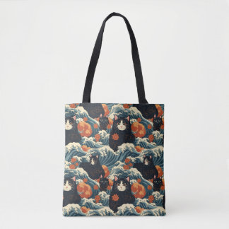 Tote Bag Chats Ukiyo-e de Kanagawa Motif