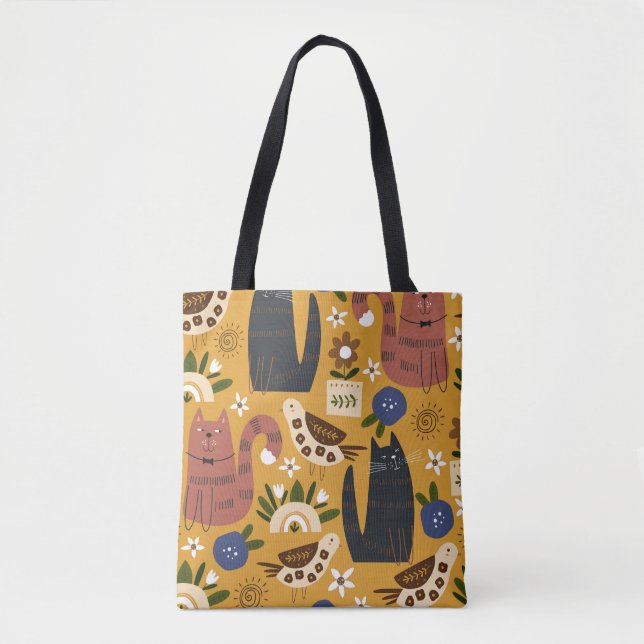 Tote Bag Chats vintages et oiseaux, Main Tirée. (Devant)