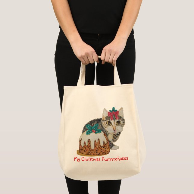 Tote Bag chatte chatte gris tabby chat habillé pour noël (Devant (produit))