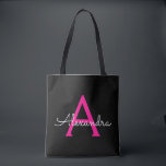 Tote Bag Chaud Rose Black Girl Script Monogramme Nom Modern<br><div class="desc">Black and Hot Pink Elegant Ajoutez Votre Propre Nom Monogram Book Bag. Ce sac de livre peut être customisé pour inclure votre nom initial et prénom et donné comme cadeau pour Noël,  Sweet 16 Anniversaire,  Fête des mariées ou Mariage.</div>