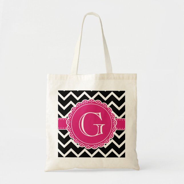 Tote Bag Chaud rose Fleur Monogramme noir Chevron (Devant)