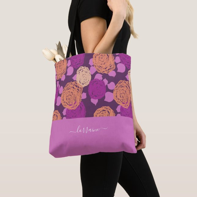 Tote Bag Chaud rose Fuchsia Rose Monogramme Nom personnalis (De près)