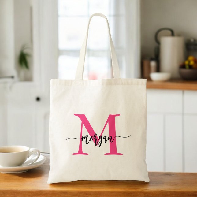 Tote Bag Chaud rose moderne Script Girl Monogramme Nom (Créateur téléchargé)