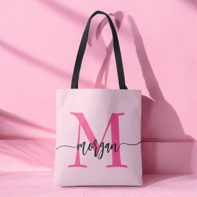 Tote Bag Chaud rose moderne Script Girl Monogramme Nom (Créateur téléchargé)