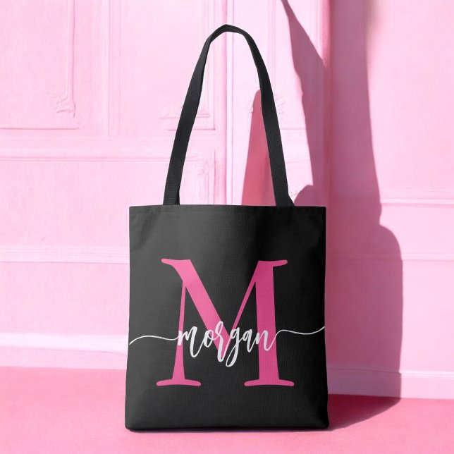 Tote Bag Chaud rose noir moderne Script Girl Monogramme Nom (Créateur téléchargé)