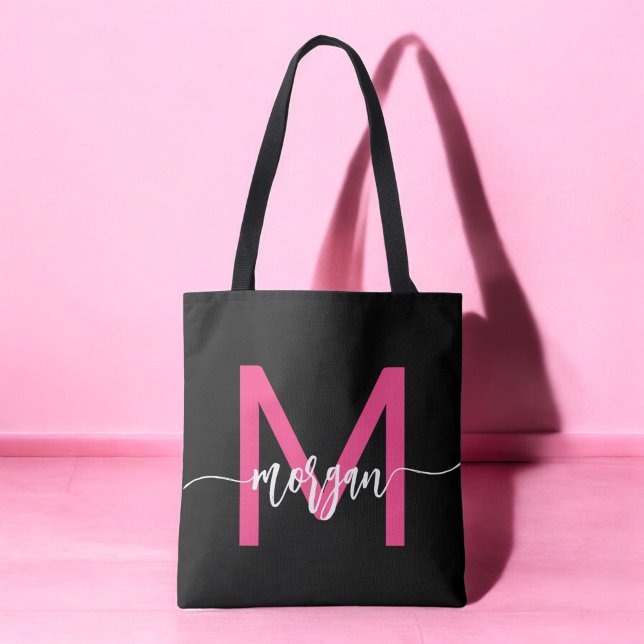 Tote Bag Chaud rose noir moderne Script Girl Monogramme Nom (Créateur téléchargé)