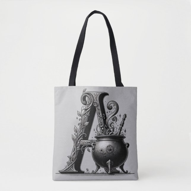 Tote Bag Chaudière de sorcière Lettre A initiale personnali (Devant)