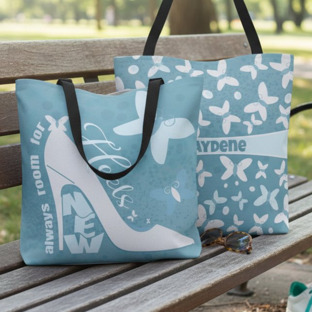 Tote Bag Chaussure Bleu Ardoise Et Papillon (Always room for heels & butterflies. Bold blue tote for beach, school or shopping.)