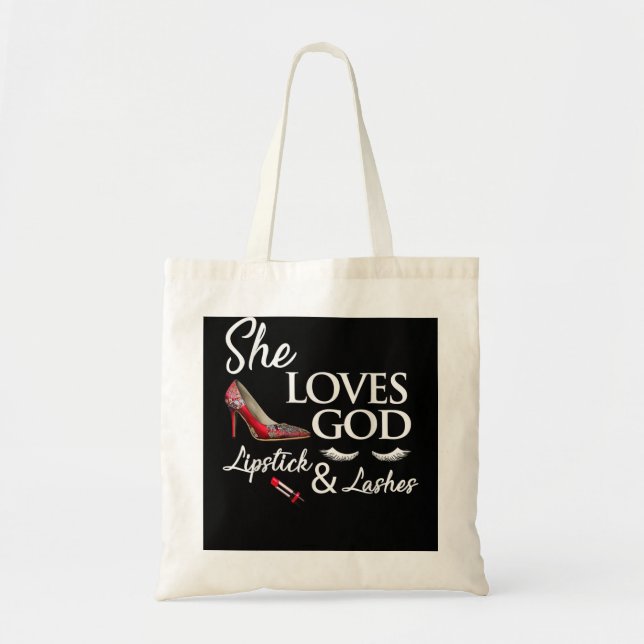 Tote Bag Chaussure talon, rouge à lèvres et Elle aime dieu (Devant)