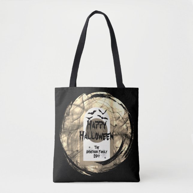 Tote Bag Chauve-souris noir et blanc Lune Halloween heureux (Devant)