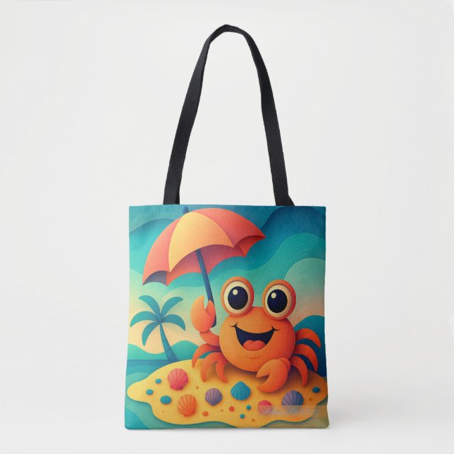 Tote Bag Cheerful Beach Crab with Umbrella Tropical (Devant)