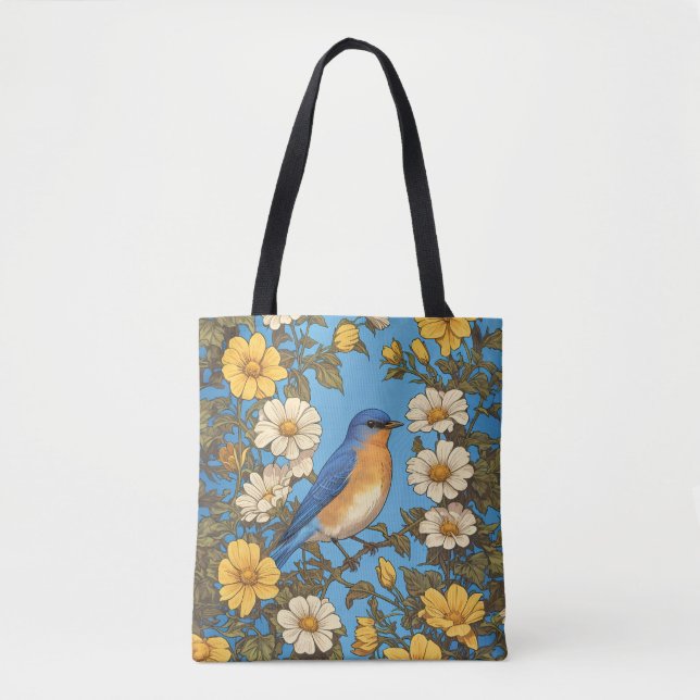 Tote Bag Cheerful Eastern Bluebird Yellow and White Flowers (Devant)