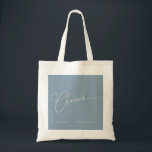 Tote Bag Cheers Minimal Dusty Blue Script personnalisé mari<br><div class="desc">Sac fourre-tout de mariage personnalisé avec script minimaliste en bleu Dusty</div>