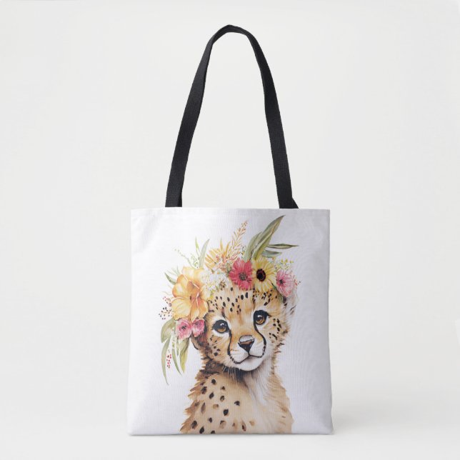 Tote Bag Cheetah Flower Crown Art Aquarelle Safari Wild (Devant)