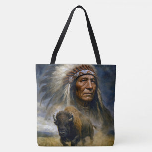 Tote Bag Chef amérindien avec un buffle chargeant