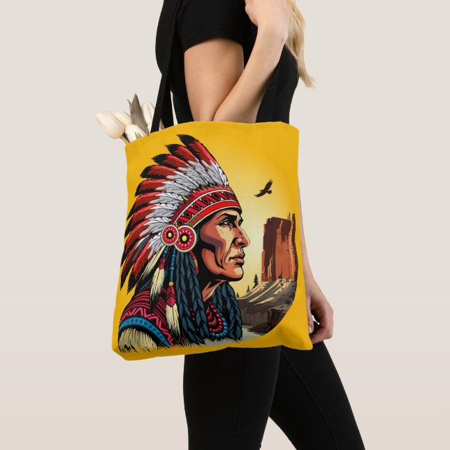 Tote Bag Chef amérindien sur paysage sauvage coucher de sol (De près)