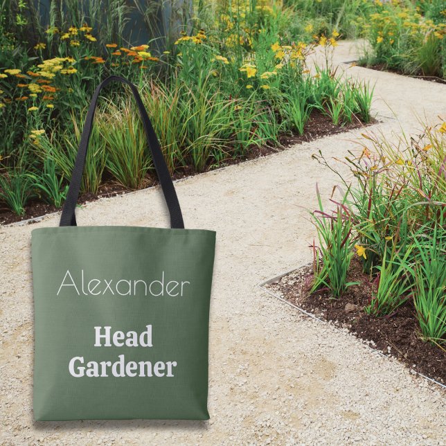 Tote Bag Chef jardinier vert jardinage thème personnalisé (A green bag with Head Gardener caption, personalized with a name of your choice.)
