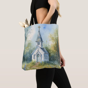 Tote Bag Chemin rustique d'église dans une prairie de fleur