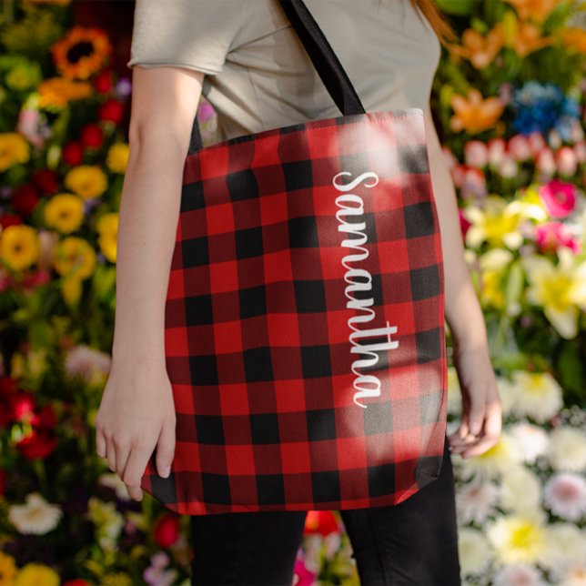 Tote Bag Chèque personnalisé de bison rouge et noir (Personalized Red and Black Buffalo Plaid Tote Bag)