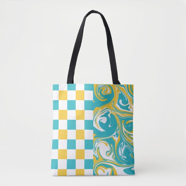 Tote Bag Chèques et permules en Turquoise, Jaune et Blanc (Devant)