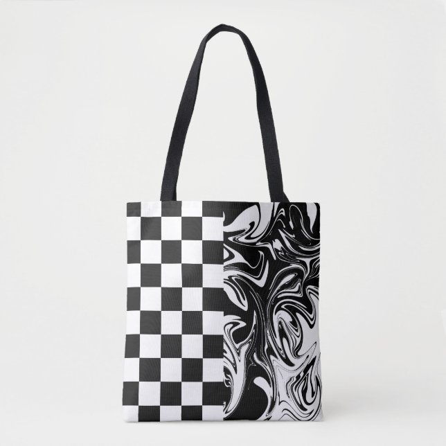 Tote Bag Chèques et tourbillons - Noir et Blanc (Devant)