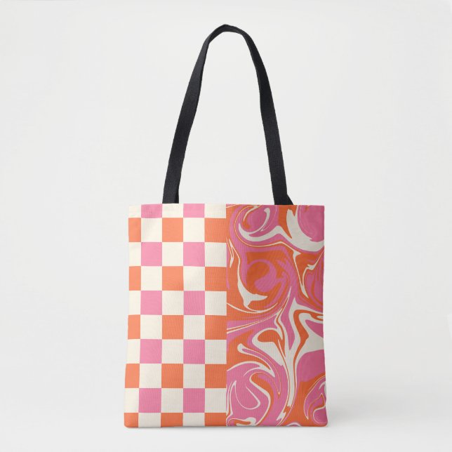 Tote Bag Chèques et tourbillons - rose, orange et crème (Devant)