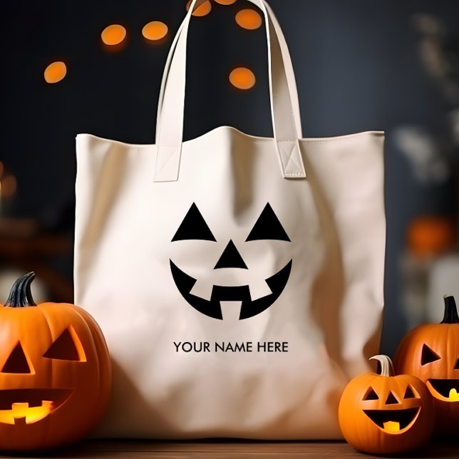 TOTE BAG CHER JACK-O'-LANTERN CITROUILLE FACE NOM PERSONNAL (JACK O' LANTERN PUMPKIN FACE WITH CUSTOM NAME CHEAP TRICK OR TREAT BAG FOR HALLOWEEN)