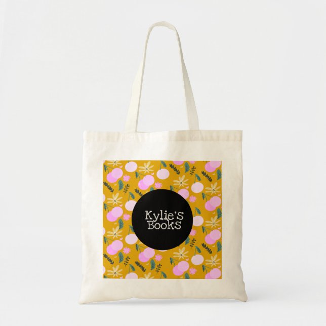 Tote Bag Cherries Fun Fruit Bibliothèque Livre rose jaune (Devant)