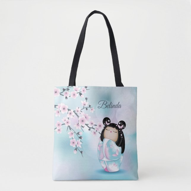 Tote Bag Cherry Blossom Kokeshi Doll rose Turquoise Nom (Devant)