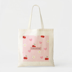 Tote Bag Cherry, Motif de coeur rose, marguerite et cerise 