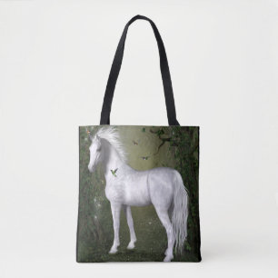 Tote Bag Cheval blanc dans les bois avec des colibris Fourr
