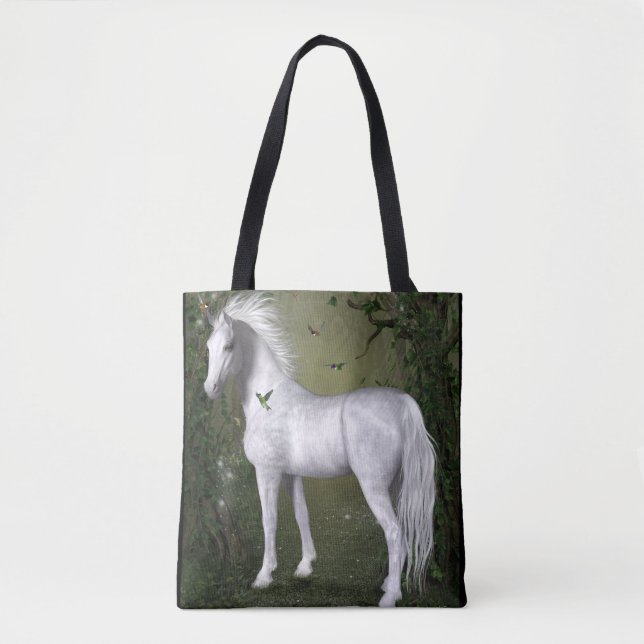 Tote Bag Cheval blanc dans les bois avec des colibris Fourr (Devant)