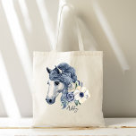 Tote Bag Cheval bleu gris avec fleurs nom personnalisé<br><div class="desc">Cheval bleu gris avec fleurs sac fourre-tout de nom personnalisé.</div>