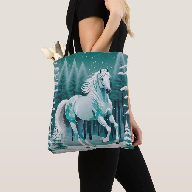Tote Bag Cheval d'argent vert dans la forêt enchantée (De près)
