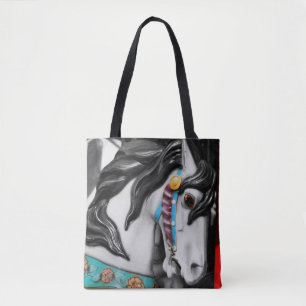Tote Bag Cheval de carrousel noir et blanc partiellement co