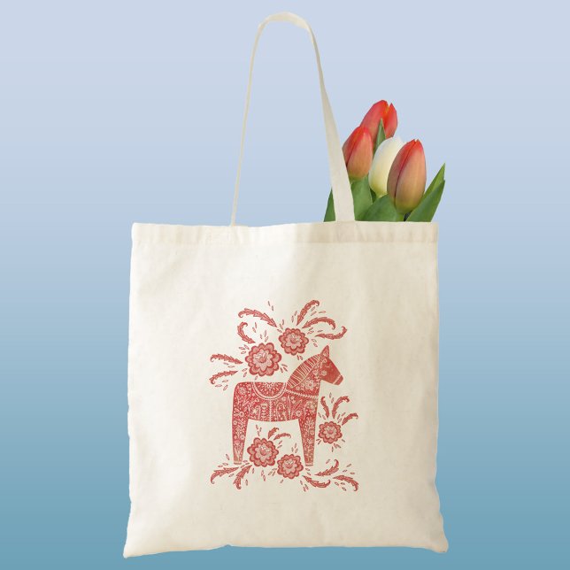 Tote Bag Cheval de Dala suédois Rouge et blanc (Red and white Swedish Dala Horse folk art tote bag)