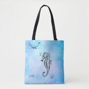 Tote Bag Cheval de mer, baleine et coquillage sur l'aquarel
