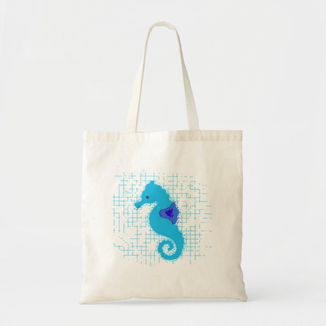 Tote Bag Cheval De Mer Bleu Sur Un Arrière - plan En Perte (Devant)