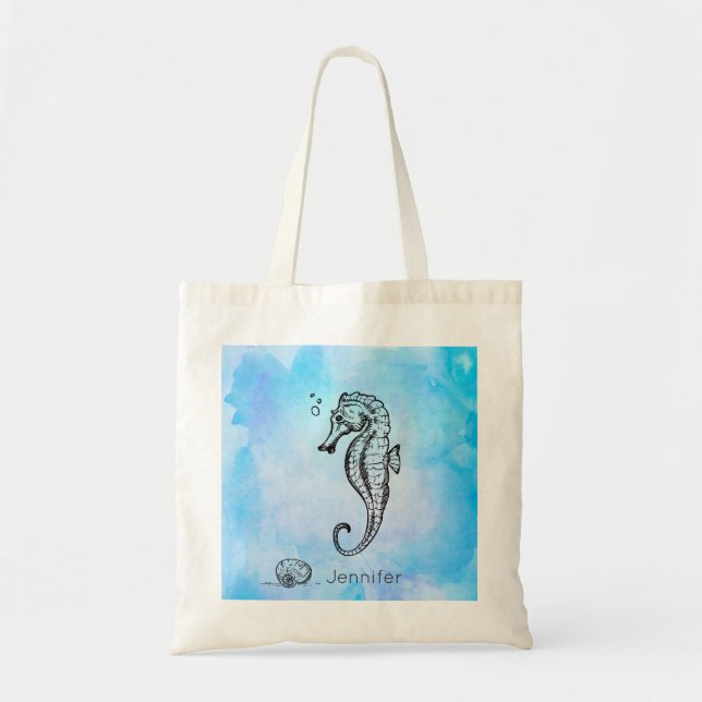 Tote Bag Cheval de mer et coquillage sur l'aquarelle bleue  (Devant)